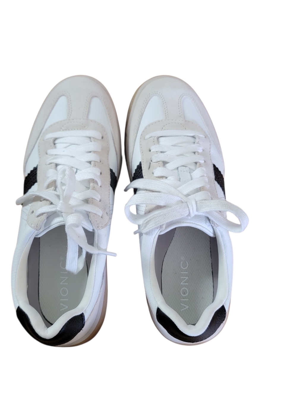 Vionic City Walk White Leather Athletic Sneaker with Black Stripe and Gum Sole - Picture 5 of 11